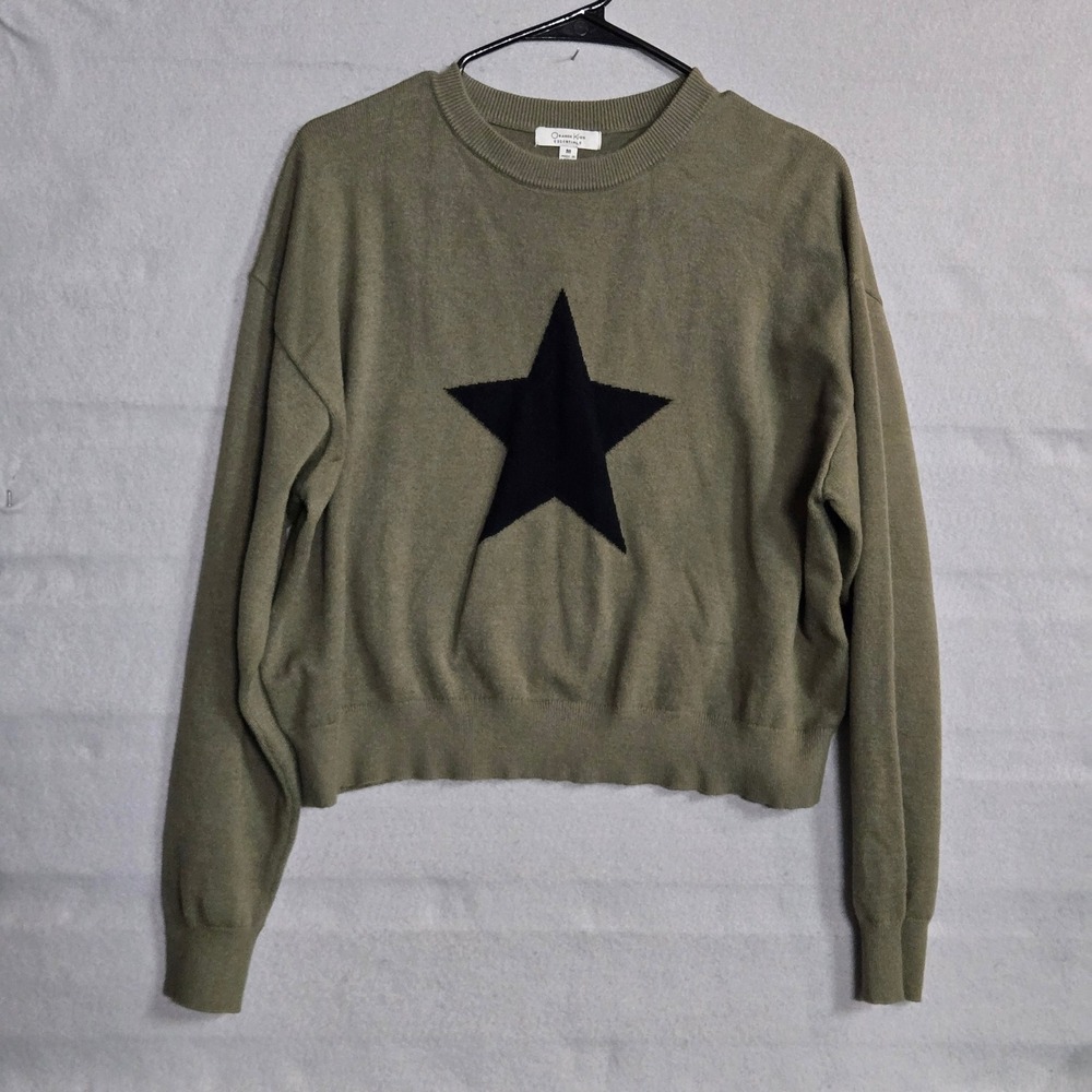 Orange Kiss Essentials Star Knit‎ Sweater Olive Green Crewneck Womens Size M